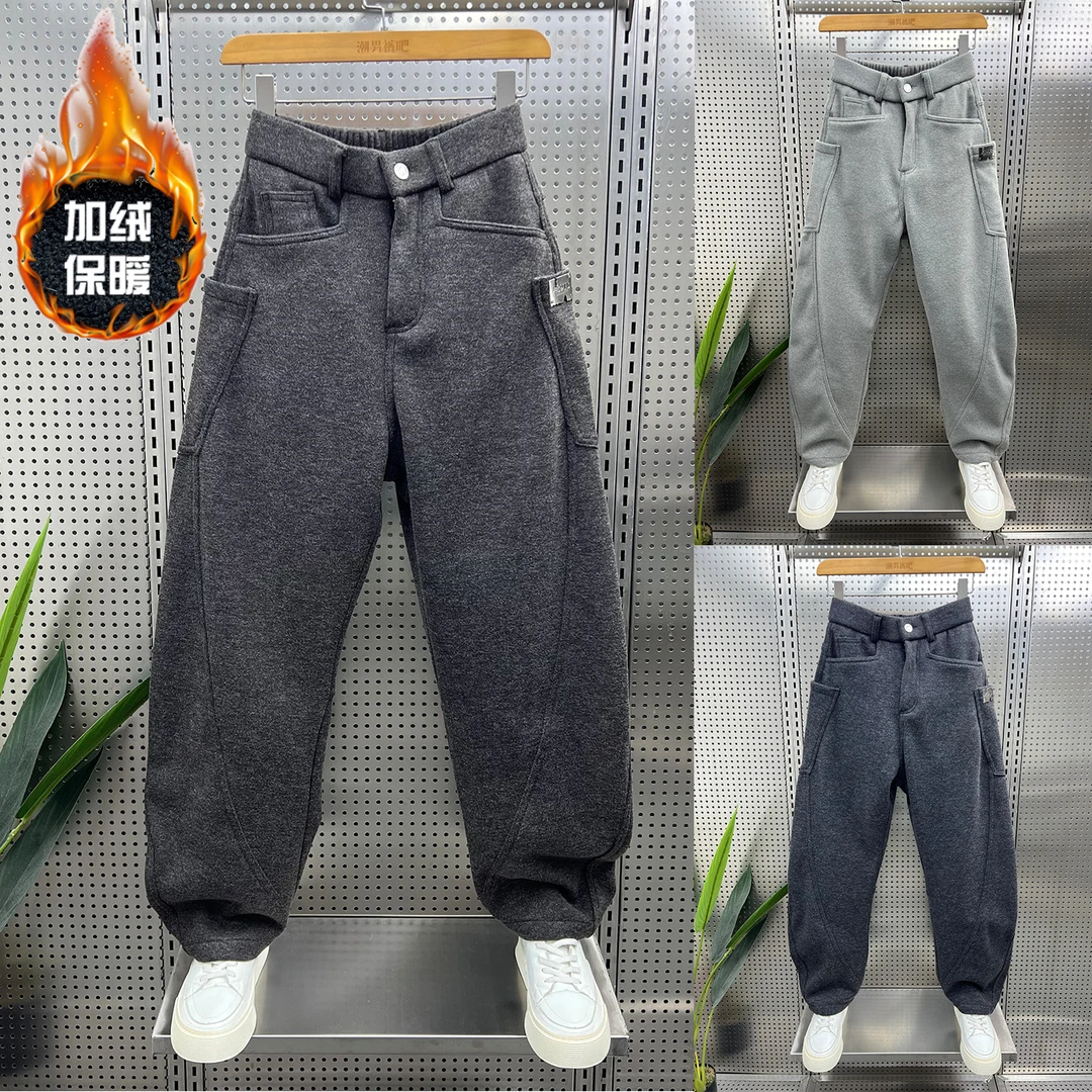 秋冬新款加厚毛呢休闲裤男垂感抗皱宽松直筒弯刀裤潮流痞帅运动裤