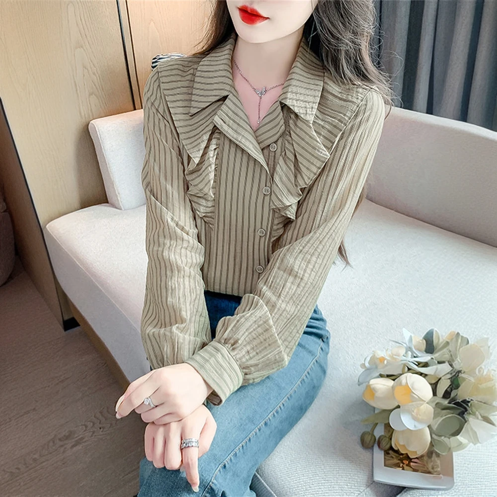 法式荷叶边长袖衬衫女2025秋季新款女装时尚洋气设计感竖条纹衬衣