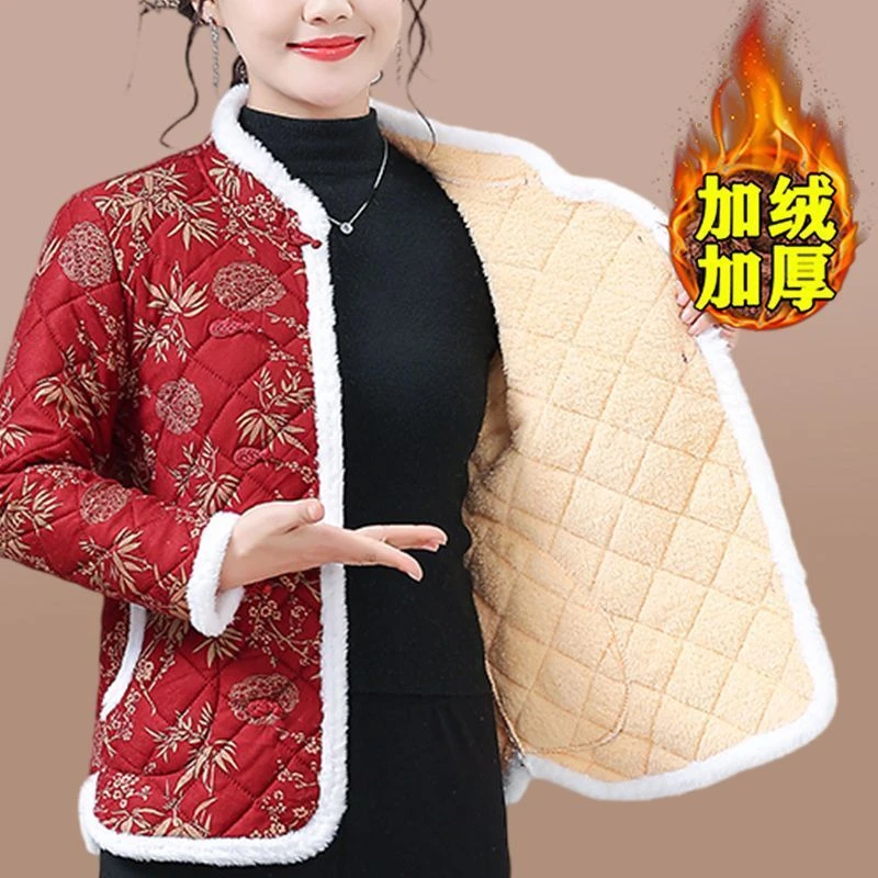 妈妈冬季复古加绒加厚保暖棉衣新款外套棉服女装中老年碎花棉袄