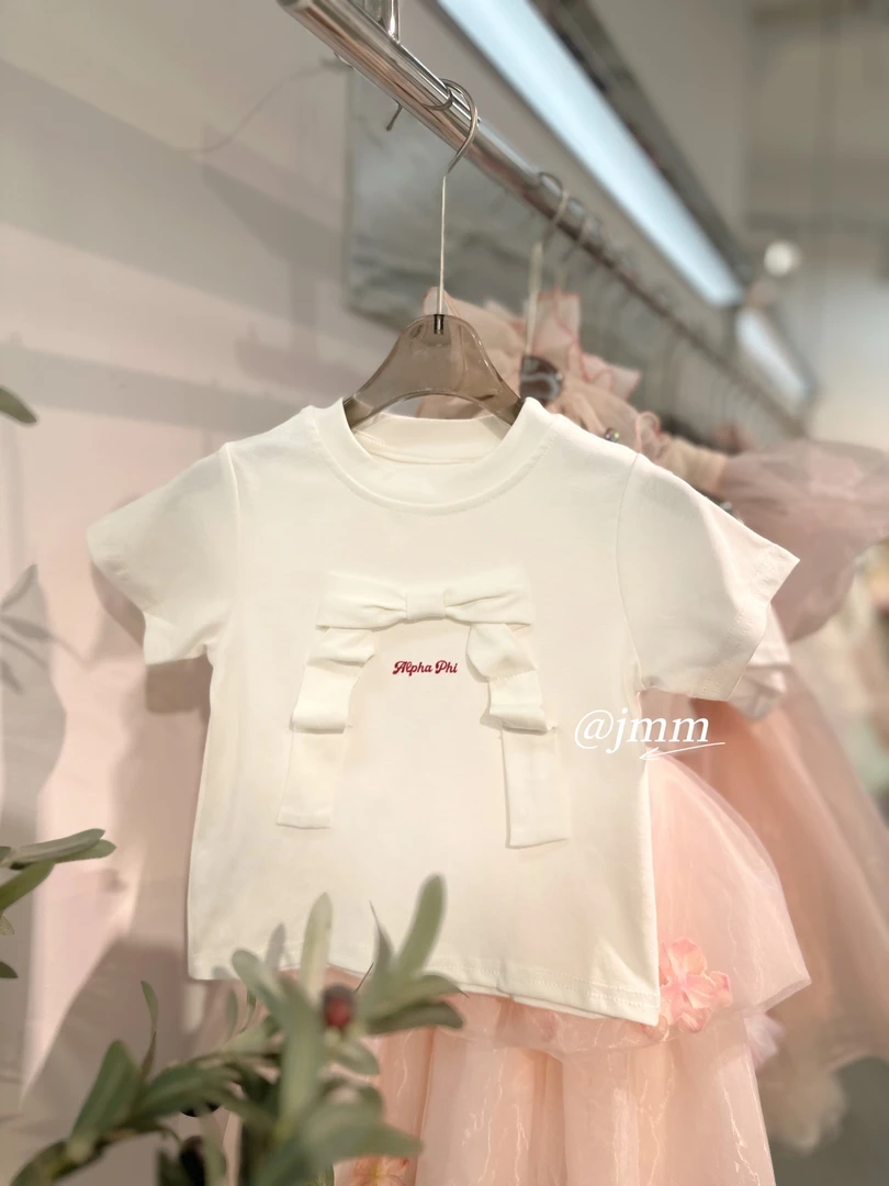 A325 夏季休闲风女宝短袖圆领T恤小童女泡泡袖蝴蝶结