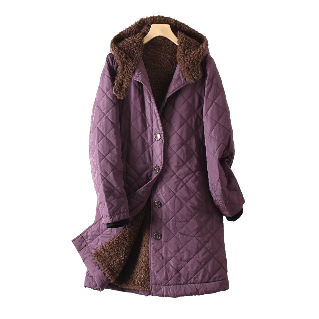 日系连帽长款超厚保暖外绗棉防水内羊羔绒有大码女棉衣