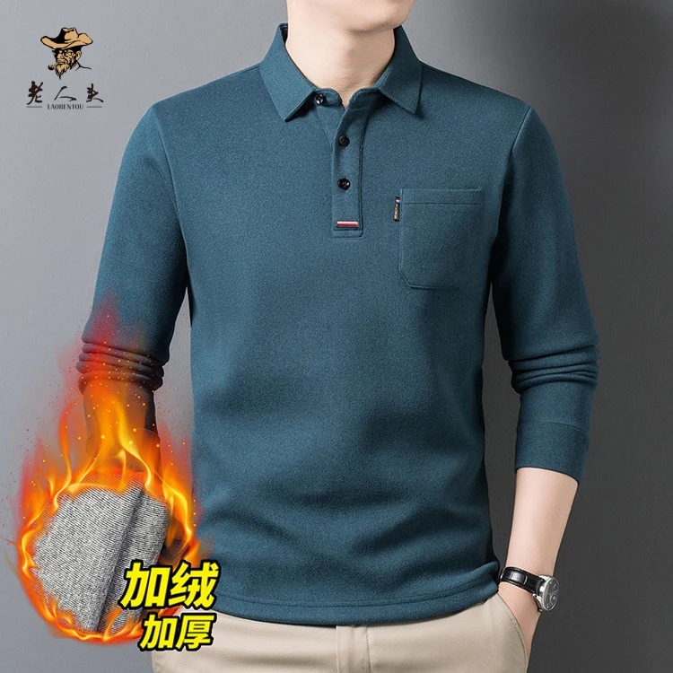 老人头桑蚕丝长袖针织冬季男加绒羊毛男士Polo衫翻领高档加厚