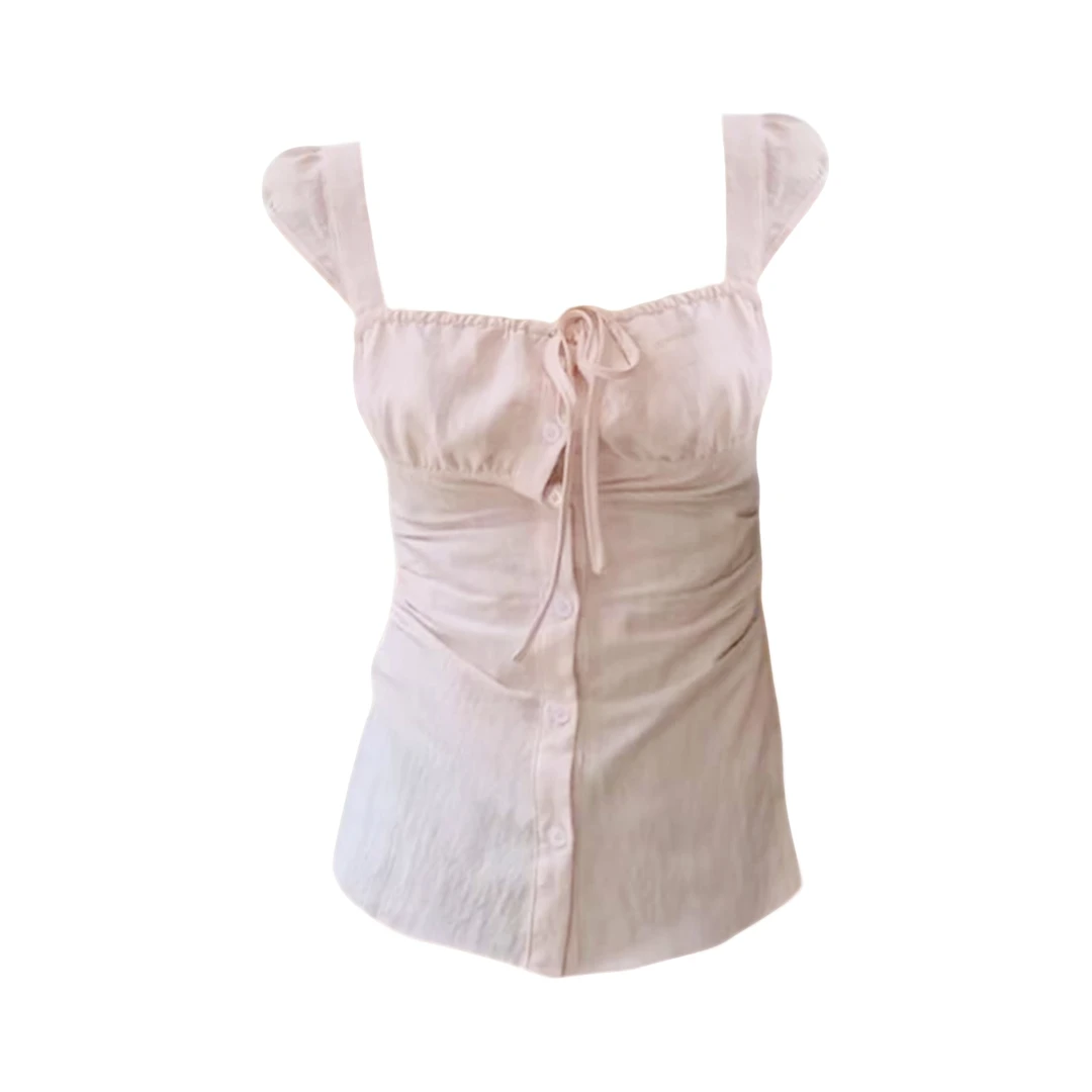 大码胖妹妹纯欲粉色方领绑带褶皱衬衫女夏季小众别致收腰显瘦上衣