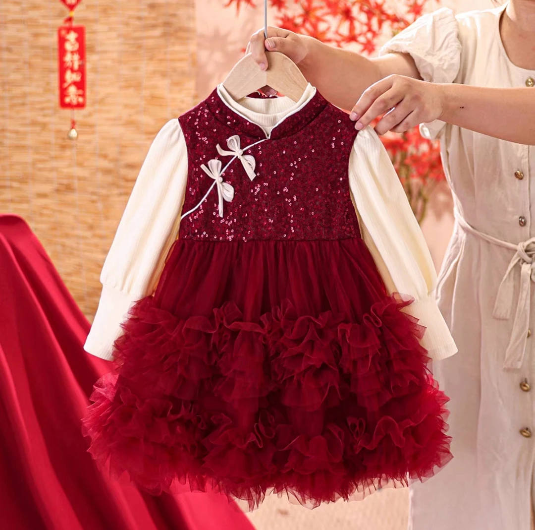 秋款女童蝴蝶结套装千金风公主亮片连衣裙纱裙礼服裙两件套