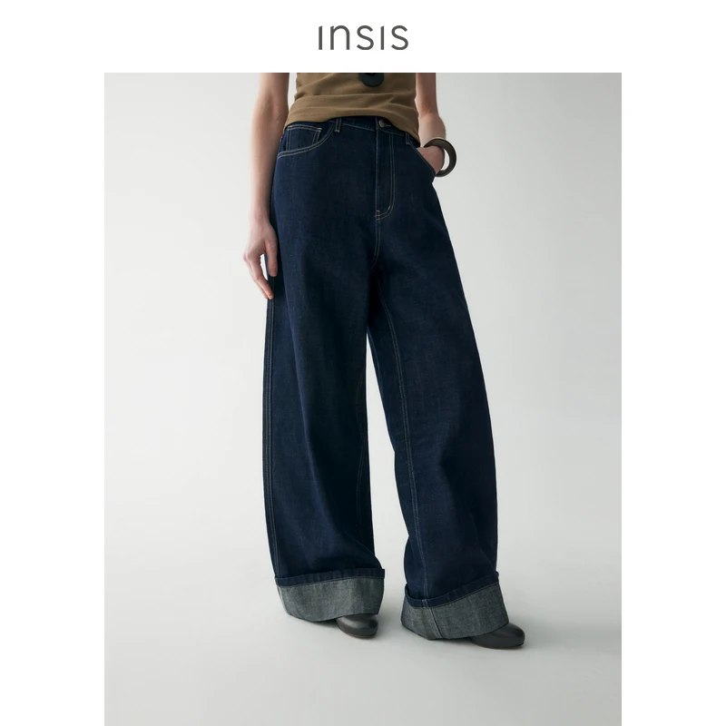 INSIS FEMME纯棉2025夏季新款水洗复古微弧形翻脚口阔腿牛仔裤女