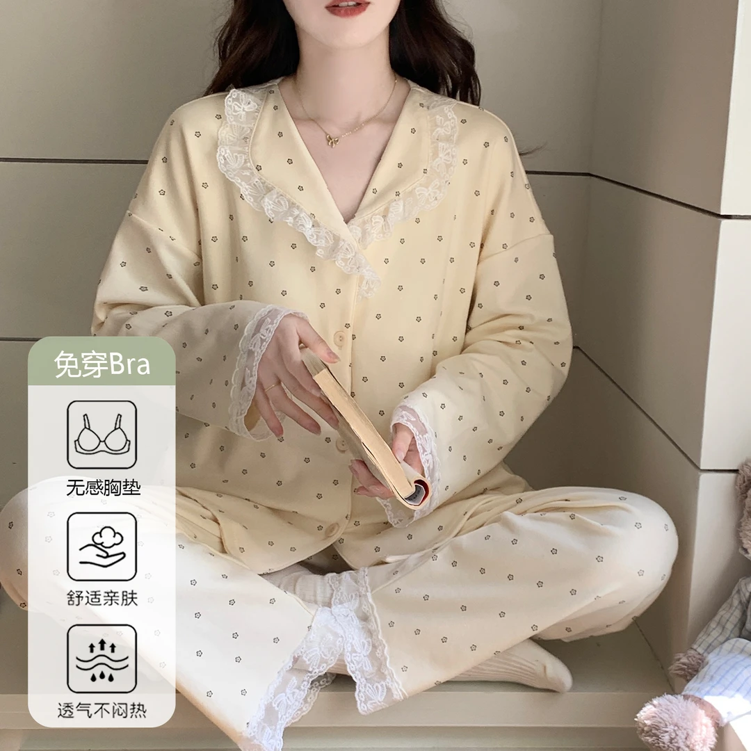 秋天睡衣女款带胸垫爆款2025新款日系简约长袖套装可外穿家居服春
