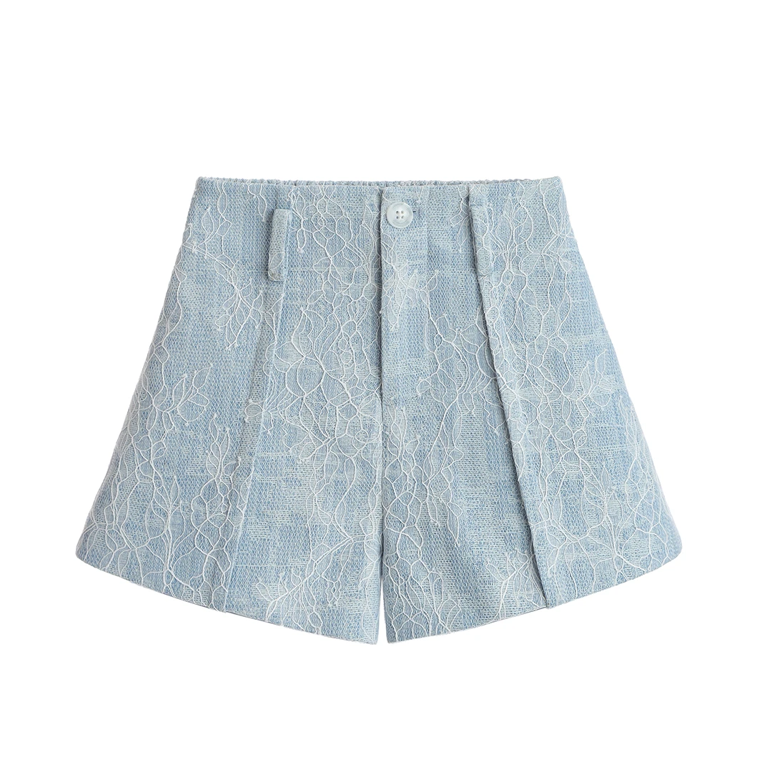 夏羽墨女童夏季新款蓝色新中式蕾丝松紧腰设计师轻奢简约短裤