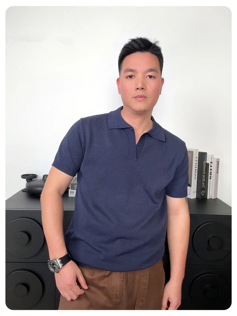 Alittle white tree夏季新款纯色针织短袖polo衫男士高级感翻领