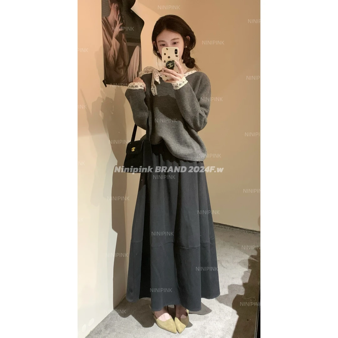 0277庄不腻冬新款【维纳斯】气质蝴蝶结蕾丝飘带毛衣女软糯显瘦上衣