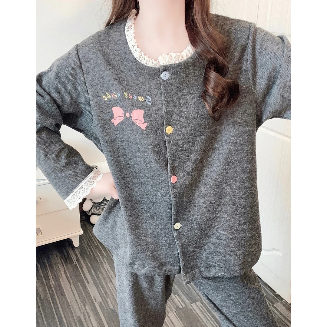 慵懒风睡衣女秋冬季长袖花边少女新款外穿保暖薄绒冬天家居服套装