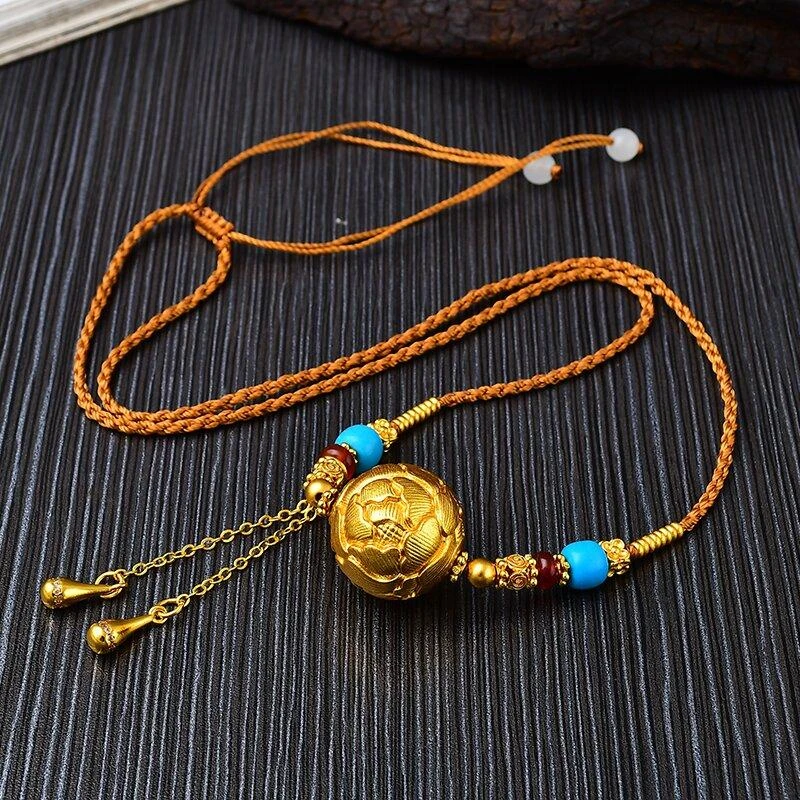 錾刻圆牡丹项链新中式流苏转运珠锁骨链送女友闺蜜