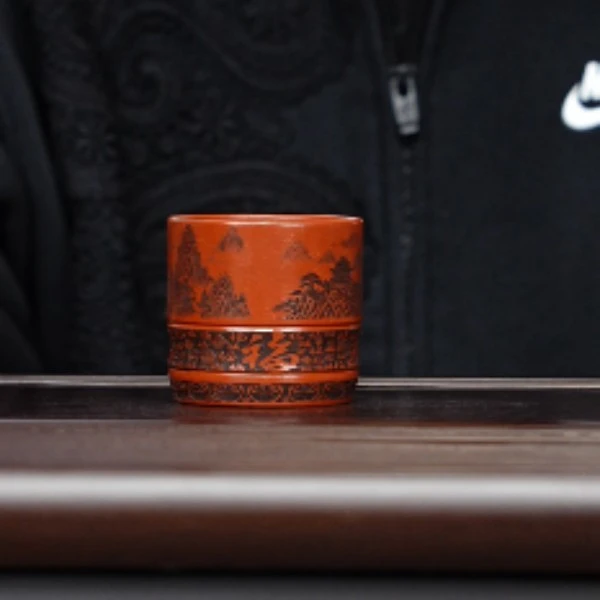 宜兴紫砂 朱泥大红袍 竹节山水福字杯 胡兵