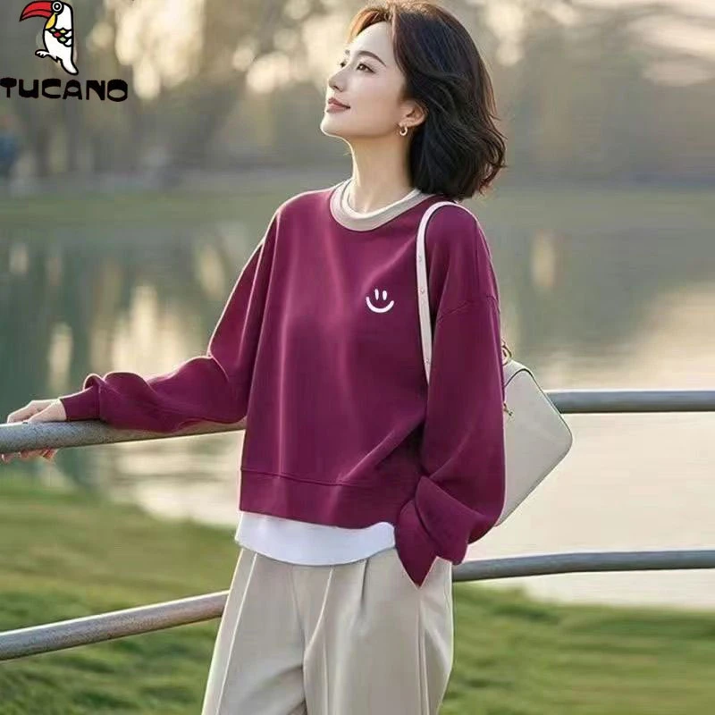 啄木鸟宽松拼接假两件圆领卫衣女秋季爆款时尚洋气印花高档上衣