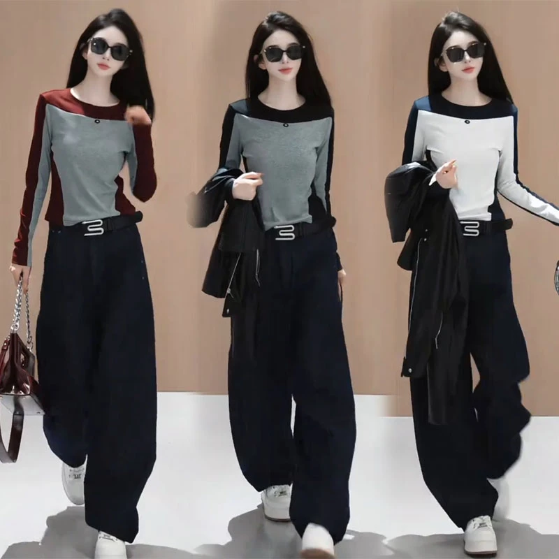 高级感撞色时尚套装秋季网红款显瘦正肩长袖T恤高腰垂感休闲裤子