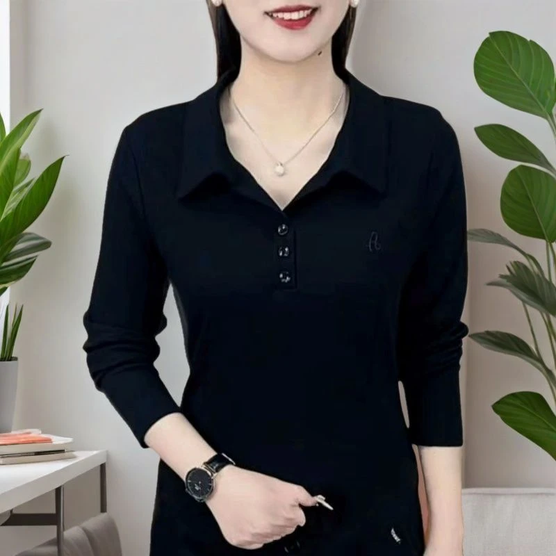 933黑色春秋季时尚洋气质设计感长袖t恤刺绣显瘦内穿外搭POLO衫女