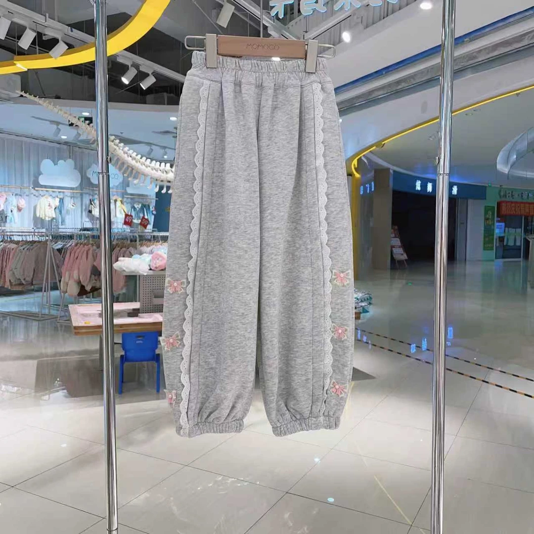 MOMOCO女童冬季百搭甜美蝴蝶结花边针织加绒束脚卫裤77880358004