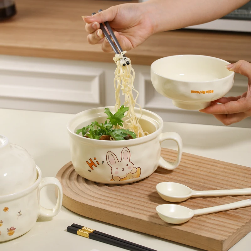 可爱陶瓷泡面碗带盖宿舍学生饭碗食堂打饭专用一人食碗筷餐具家用