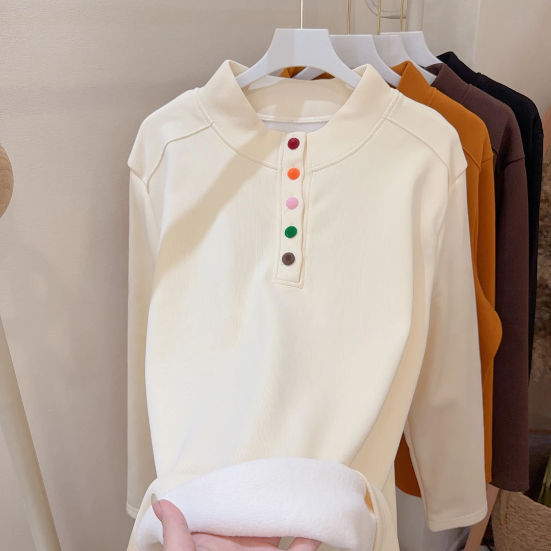 胖胖家*1198新款百搭显瘦彩扣加绒打底衫
