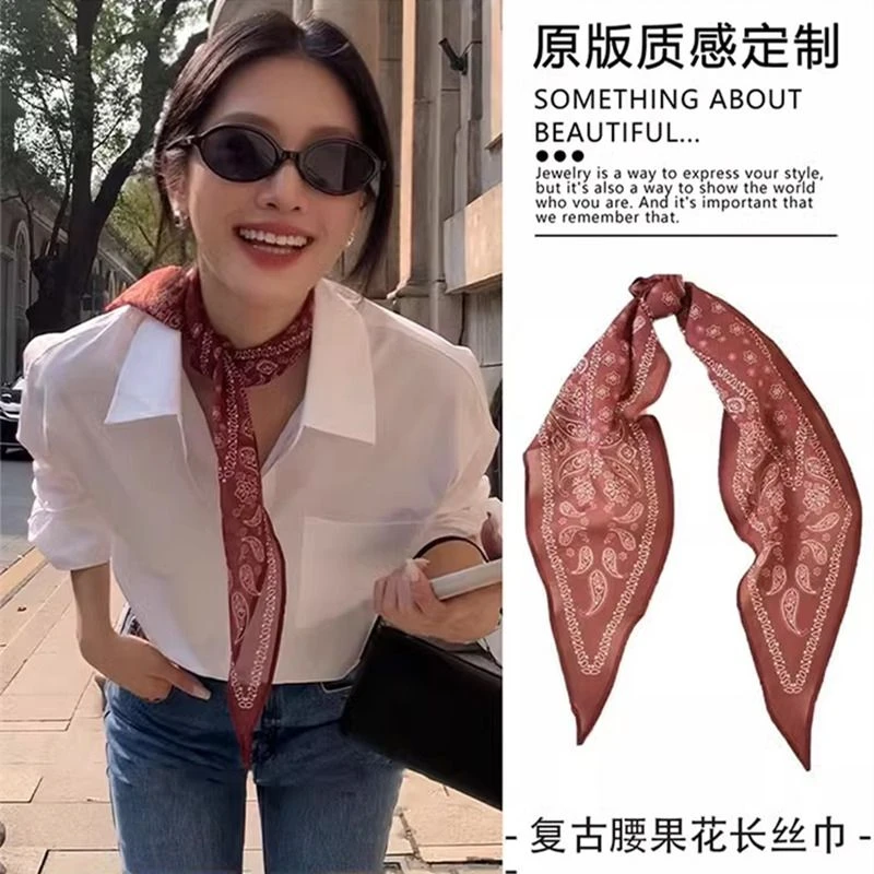红棕腰果花长条丝巾女绑发带春夏复古百搭高级感系脖三角领巾头巾