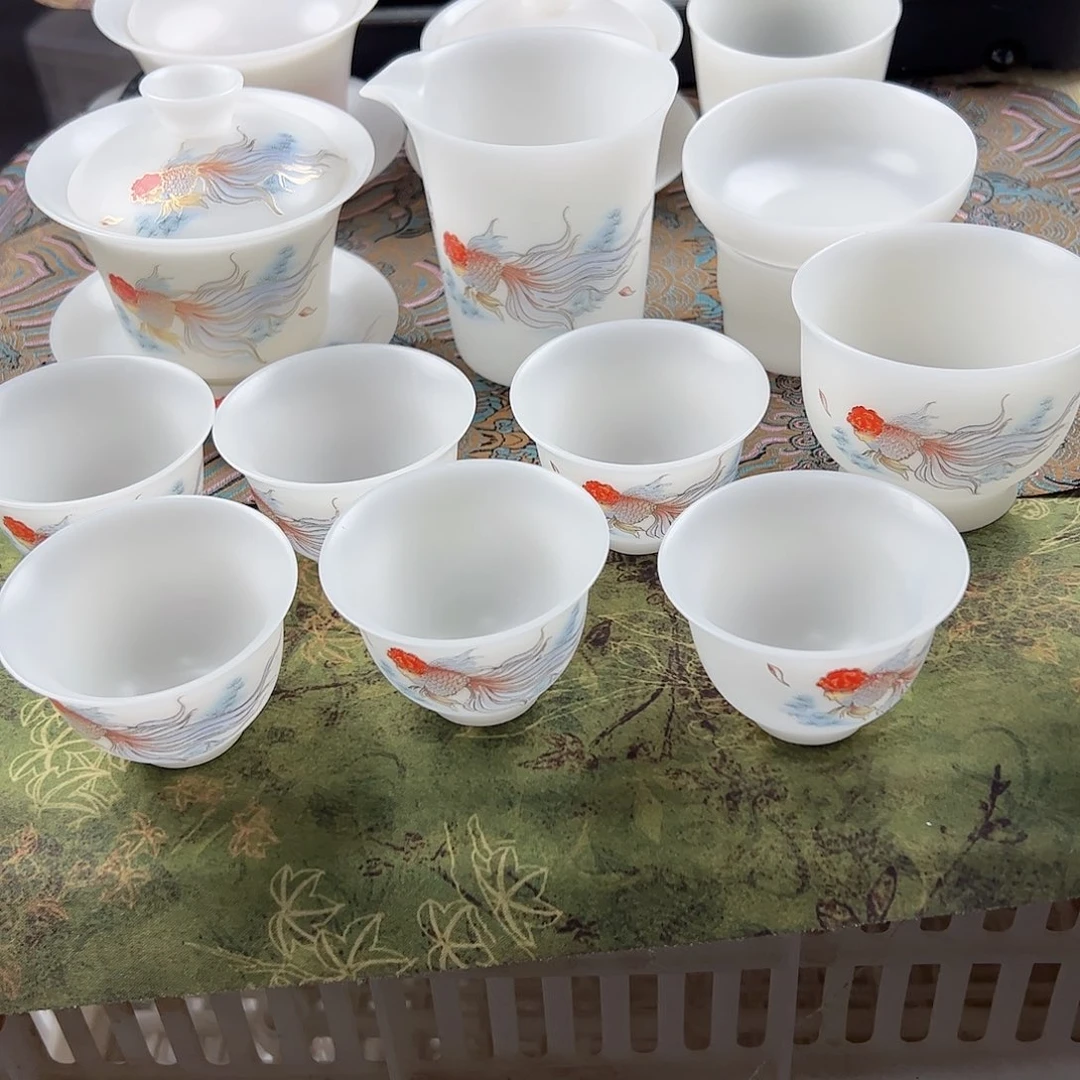 T***w素烧璞玉盖碗茶海过滤组6个60ml反口杯，主人杯金鱼礼盒装