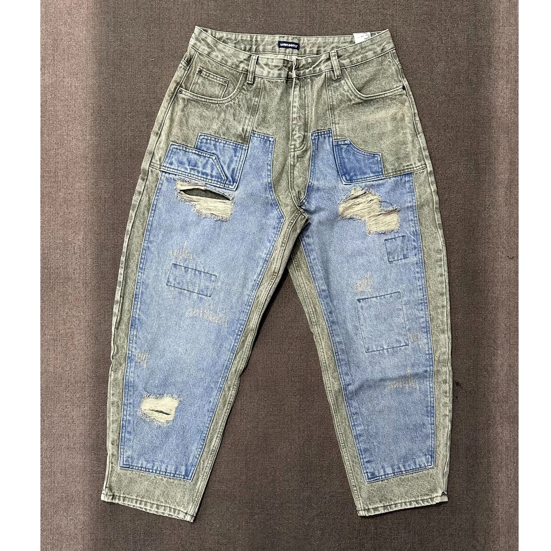 日系牛仔裤贴布补丁破洞休闲宽松牛仔裤