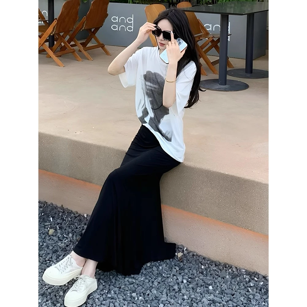 【雾面】巨好看的夏装一整套美式高街印花短袖t恤高腰半身裙两件套