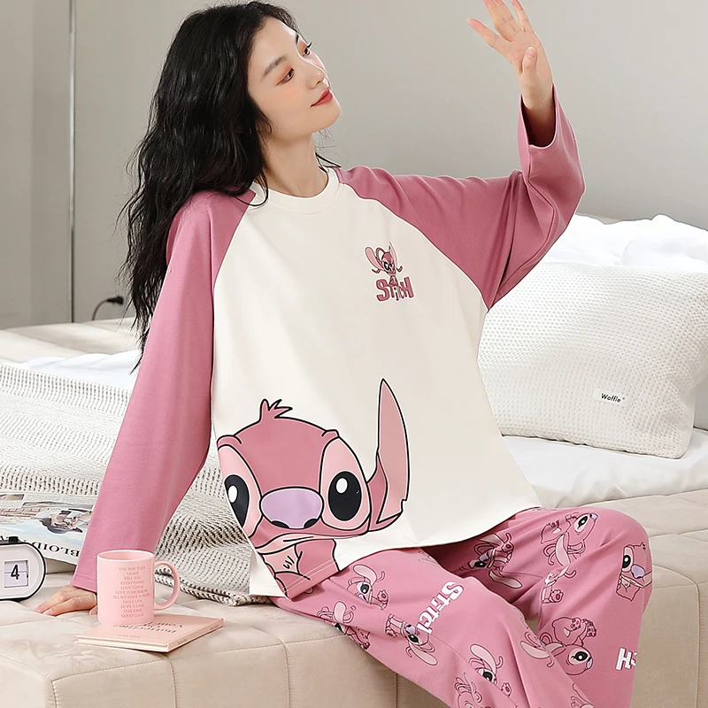 纯棉女士睡衣春秋季新款长袖卡通可爱印花圆领套装宽松舒适家居服