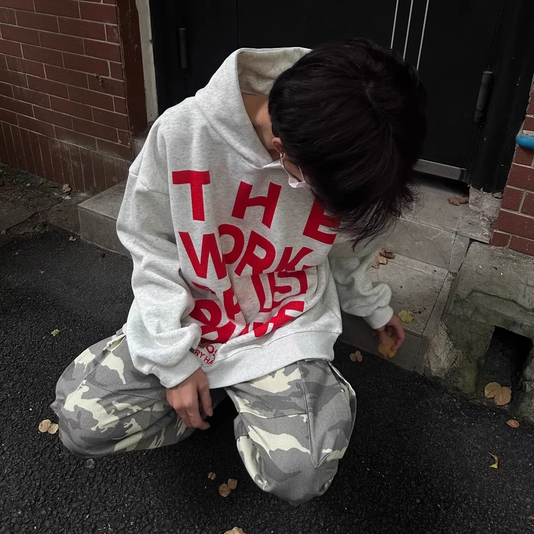 凯颂大码300斤美式高街潮流无口袋连帽卫衣男女秋冬季宽松上衣