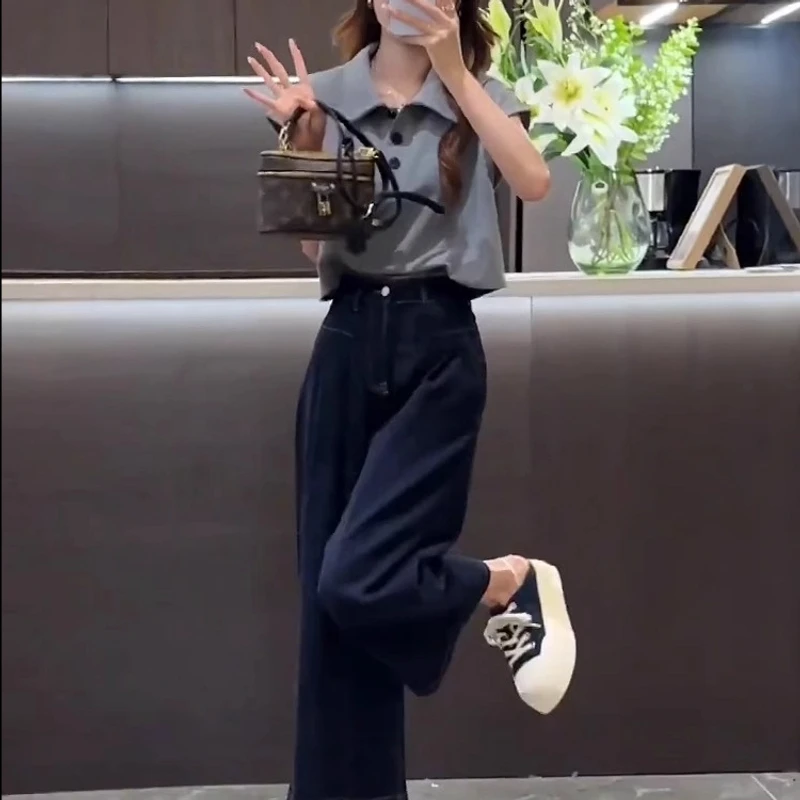小个子穿搭一整套女2025夏季新款Polo领短袖上衣牛仔九分裤两件套