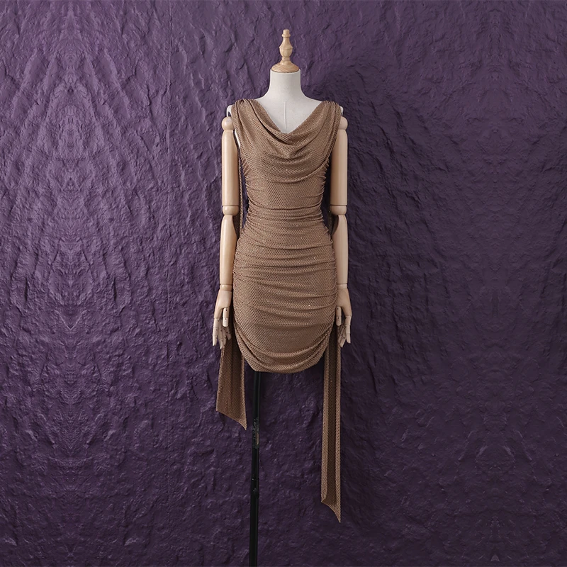 欧美大牌风名媛气质重工烫钻性感荡领褶皱收腰飘带挂脖包臀连衣裙