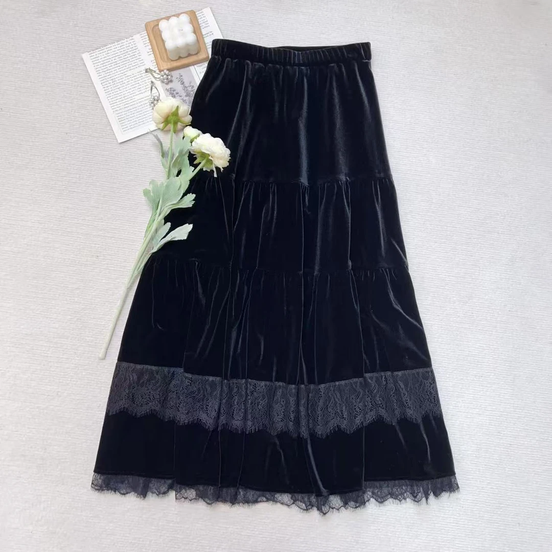 【小黑家】长86高端丝绒拼睫毛蕾丝仙女大摆裙百搭半身裙