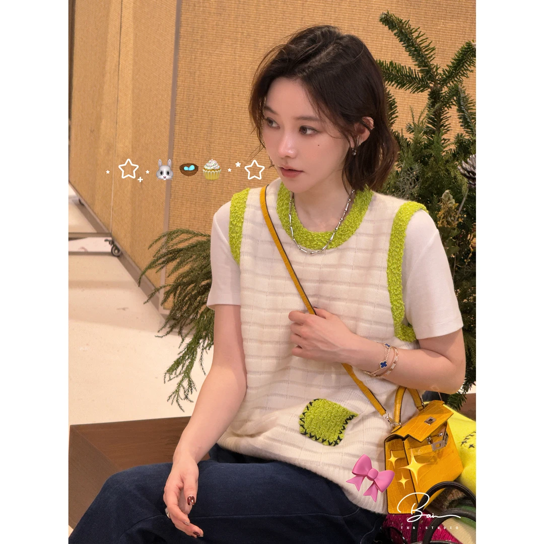 TXB "S+方糖"100山羊绒方块撞色拼接邓肯纱舒适轻奢马甲XB-8030