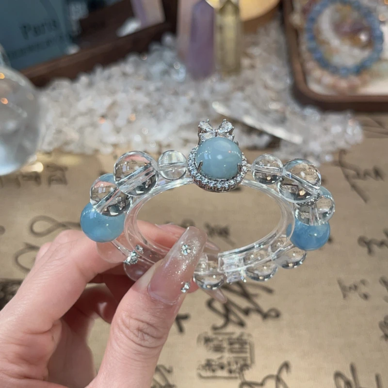【长安宁】白水晶+海蓝宝手串气质多样性发颜色微差天然水晶 Y08