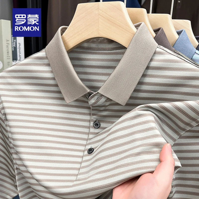 罗蒙【含桑蚕丝+醋酸纤维】高档男士条纹短袖Polo衫夏季翻领T恤衫