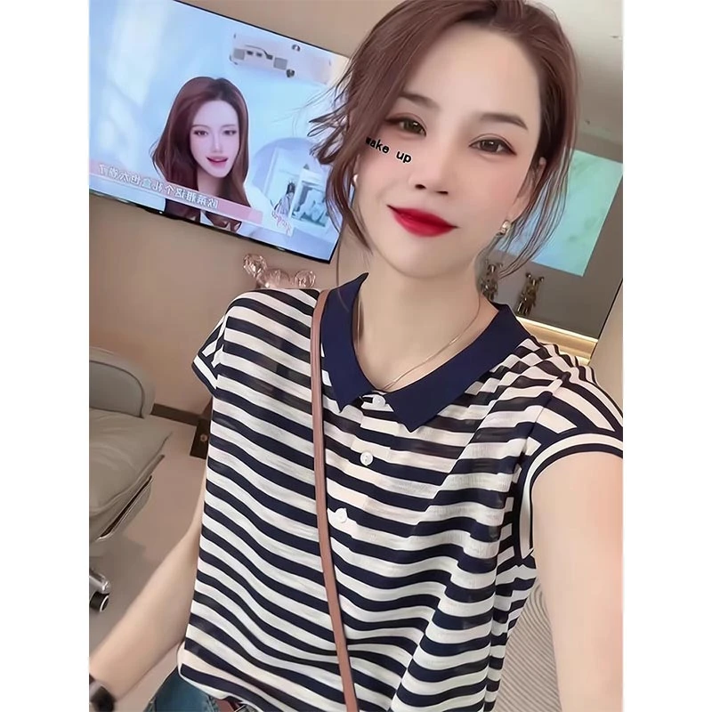 针织短袖T恤短款女夏季2025年宽松薄款显瘦翻领条纹T恤减龄上衣