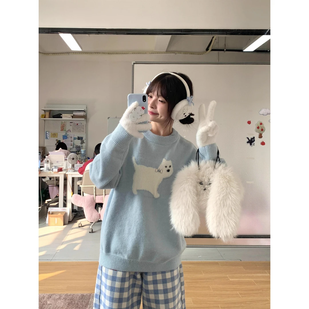 小狗提花奶蓝法式毛绒立体骨头小挂件刺绣软糯长袖针织毛衣