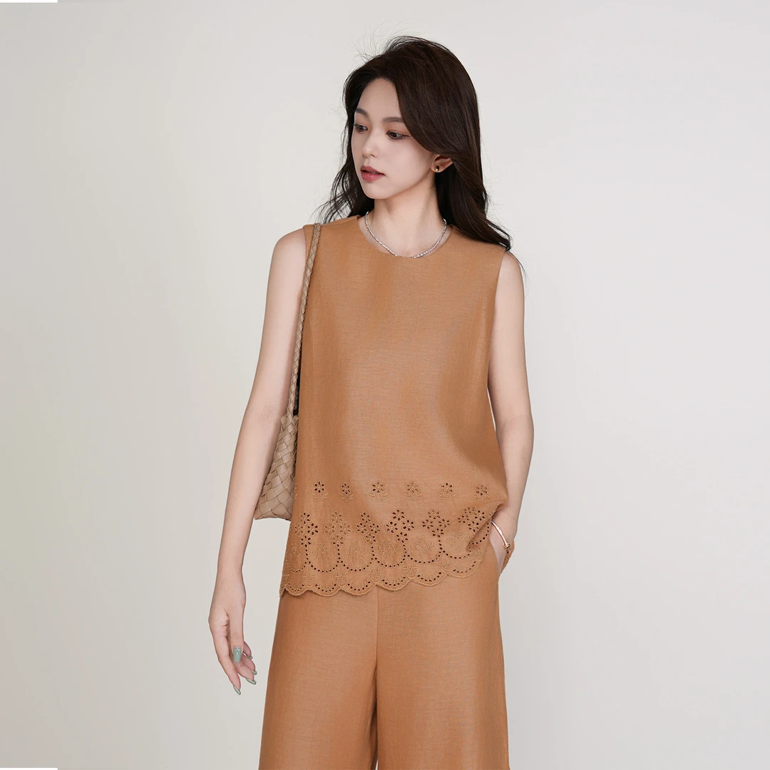 CsyX2-2025S/S早秋新款通勤气质"苏绣花"100亚麻镂空背心CZ5CB036