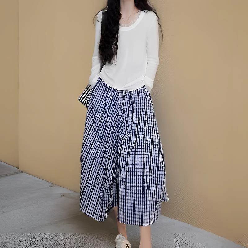 洋气休闲装显瘦女蕾丝花边长袖T恤上衣百搭格子半身裙气质套装