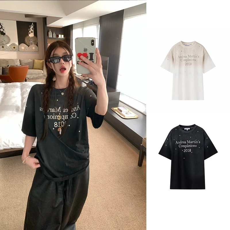 ANDREA MARTIN 25夏季新款烫钻渐变短袖T恤女印花圆领宽松上衣