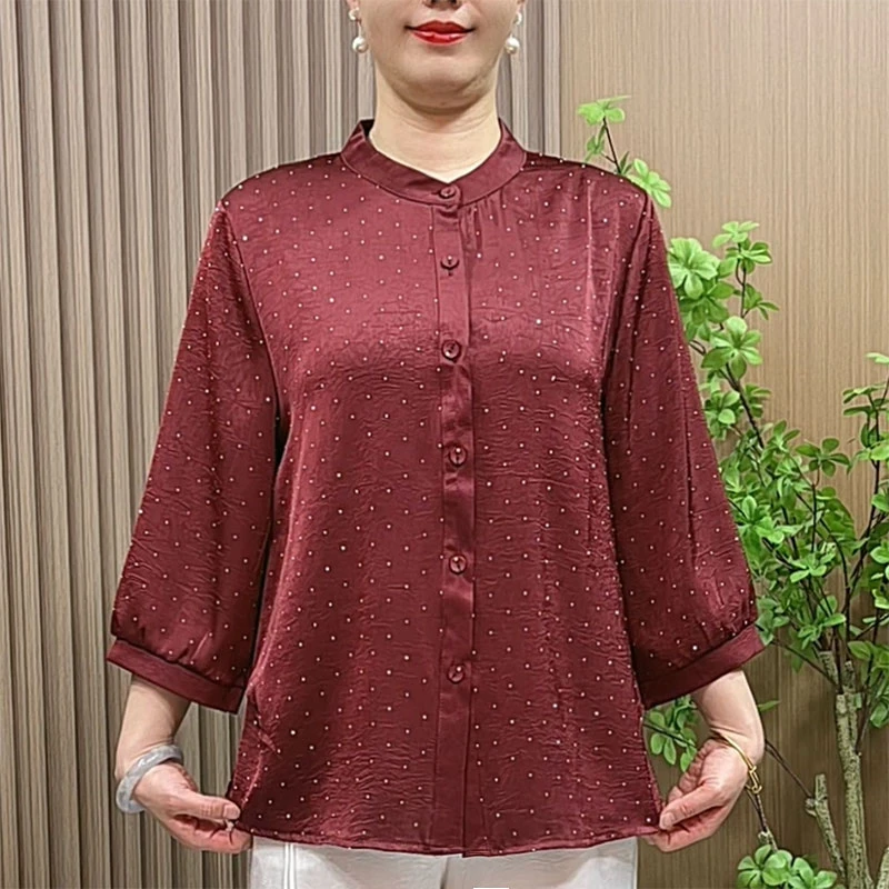 妈妈装春夏装洋气衬衫中老年女装大码宽松纯色七分袖星空衬衣