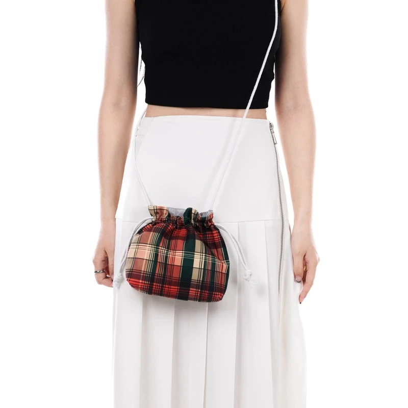 无则艺【长绳包】红格子抽绳小包休闲百搭印花环保轻便学生