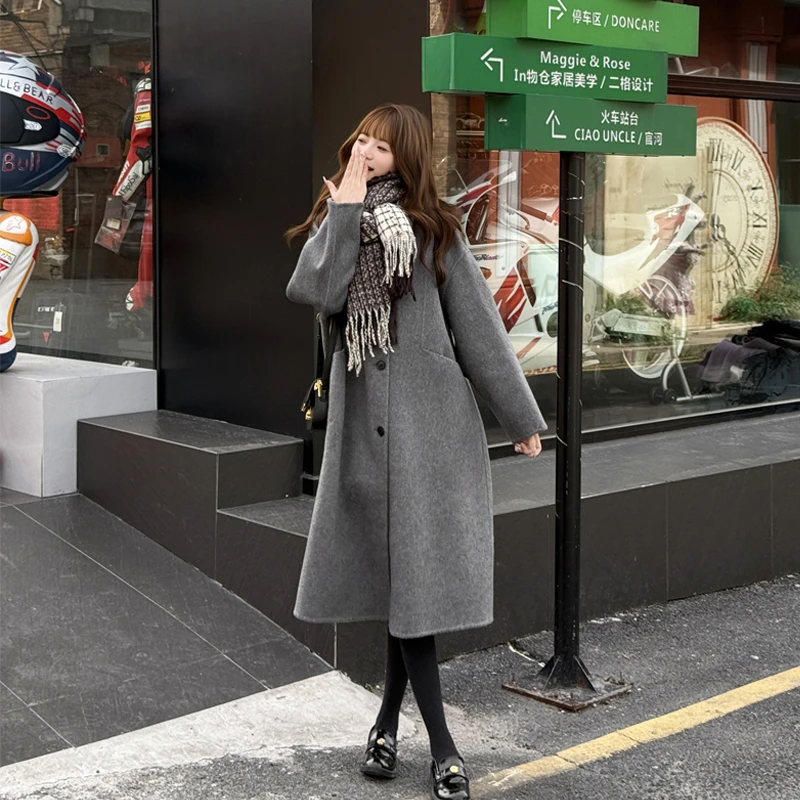 25904 日系宽松极简设计经典秋冬高级感甜美风长款A字型羊毛大衣
