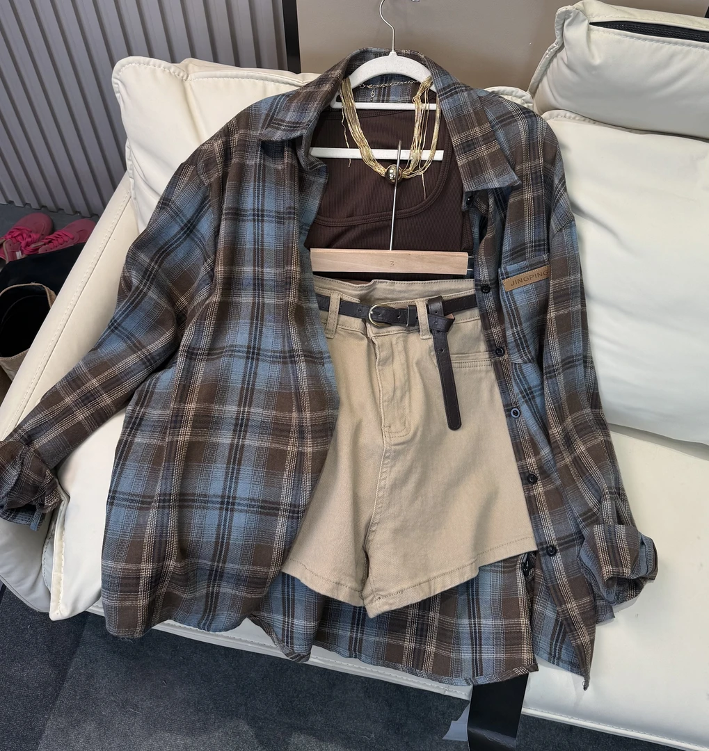 韩版个性宽松格子衬衫三件套复古风格子衬衣吊带短裤外搭