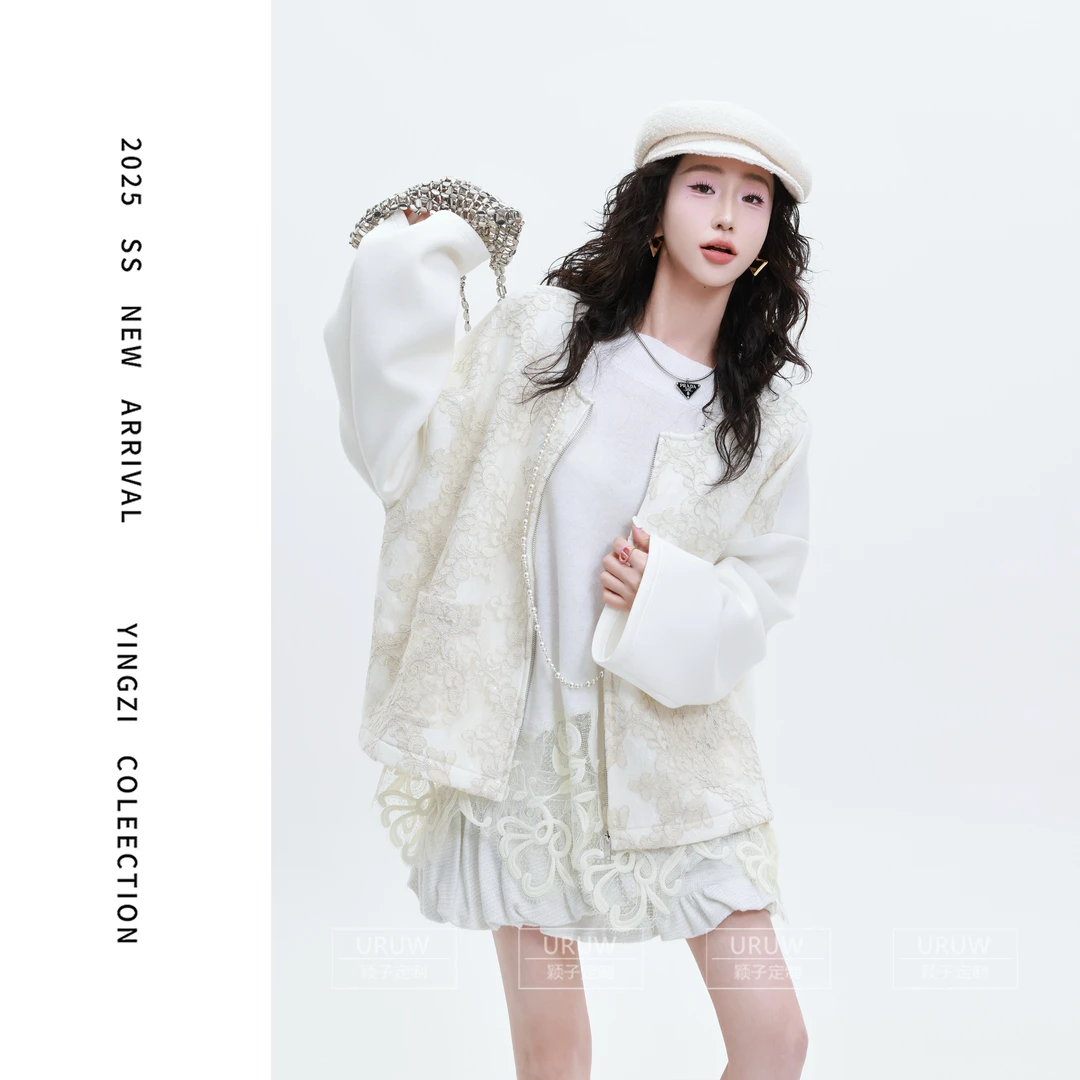 颖子定制【加州碎片】时尚蕾丝拼接外套女休闲通勤风夹克外套9866
