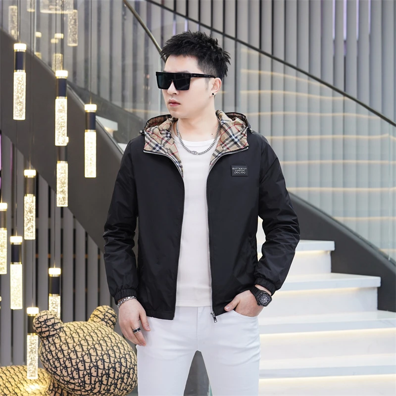 欧洲站年春季新款男士时尚潮流印花连帽百搭韩版修身夹克外套