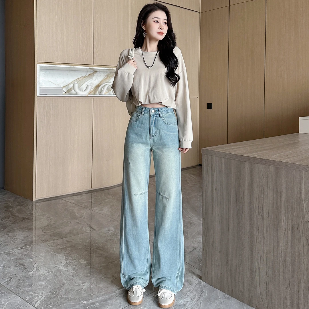 【婷婷家】小个子定制浅色系设计感牛仔弯刀裤#2819