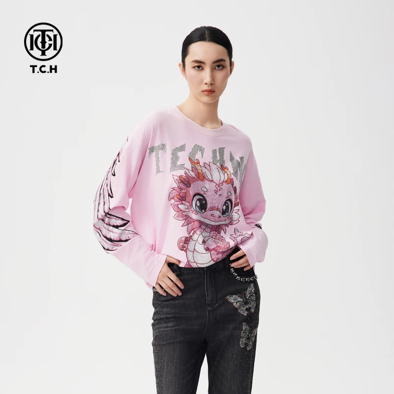 轻奢-TCH2025秋季烫钻长袖T恤潮牌宽松休闲套头卫衣T72C086012