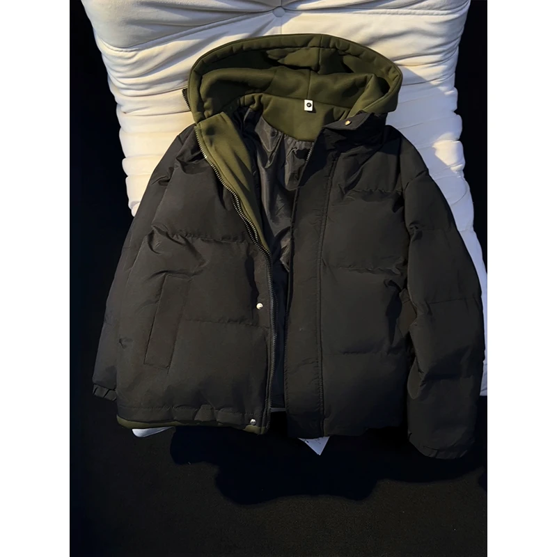 撞色拼接宽松男女同款秋冬季假两件连帽情侣休闲加厚棉衣潮流外套