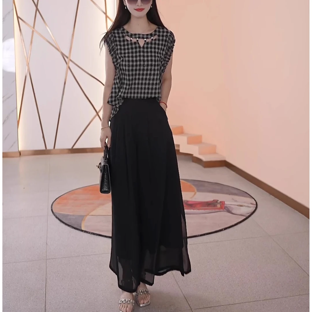 飞飞袖上衣宽松阔腿裤套装2025夏季新款宽松显瘦法式格子两件套女