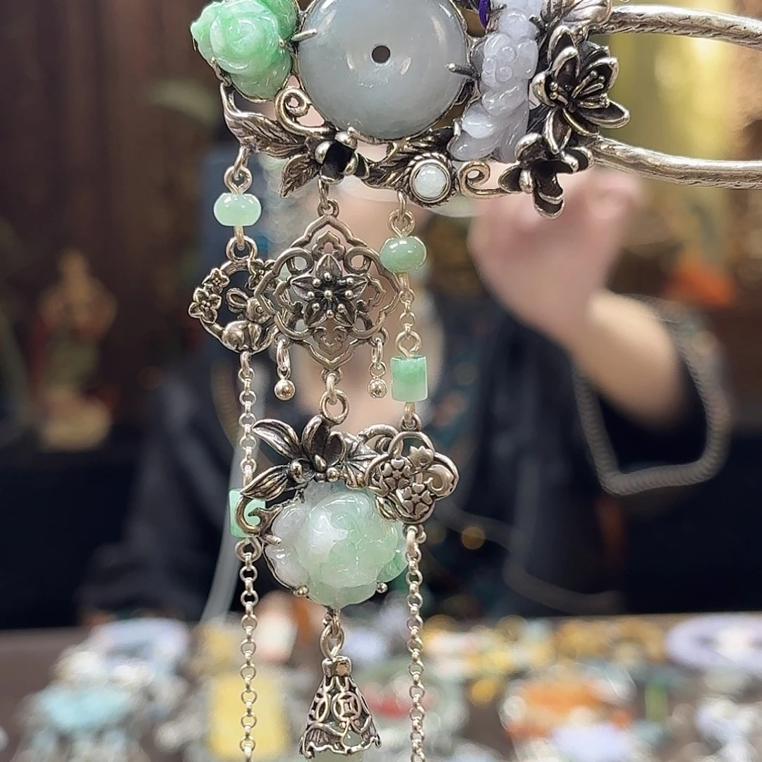 翡翠银S925镶嵌挂件发簪